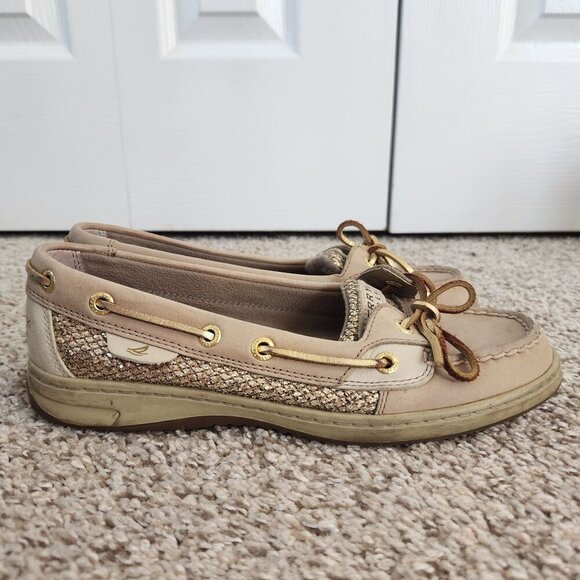 Sperry Tan Leather Gold Sequin Boat Shoes - Picture 1 of 10
